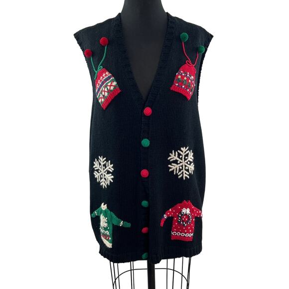 VINTAGE Marisa Christina Black Cardigan Sweater Snowflake Ugly Christmas Size 3X - Picture 1 of 11